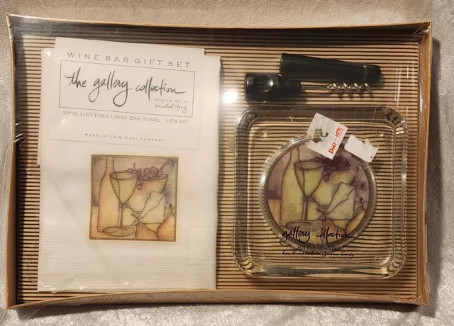 The Gallery Collection Art Gift Set Towel/ Cork/Screw/Wine Bottle Coaster NEW