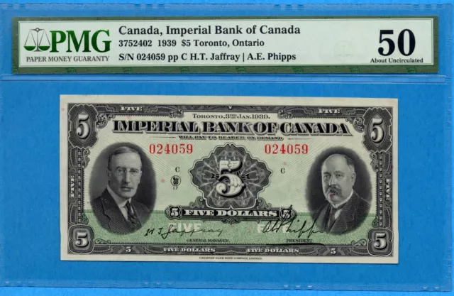 $5 1939 Imperial Bank Canada Chartered Note #375-24-02 - PMG AU-50