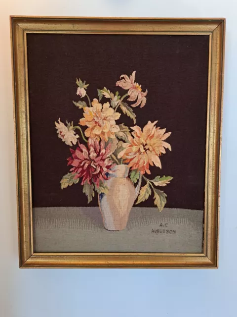 Tableau , Nature Morte Aux Dahlias , Aubusson , XIX°.