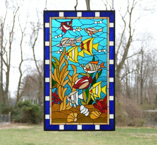 20.5" x 34.75" Fish under the Sea Handcrafted stained glass window panel
