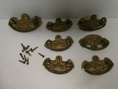 Set Of 7 Antique Cast Brass Ornate Pressed Plate Cabinet Door Drawer Handles