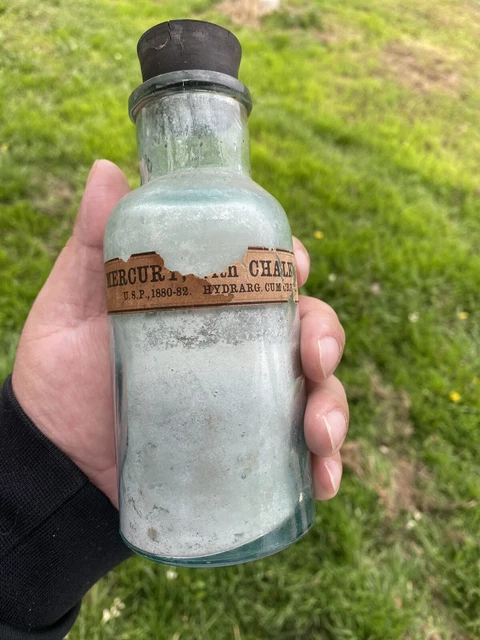Antique 1800’s Apothecary Mercury With Chalk Bottle Half Full