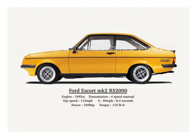 FORD ESCORT RS2000 MK2 PRINT. CLASSIC. RETRO. LIMITED EDITION (40) 420mm x 297mm