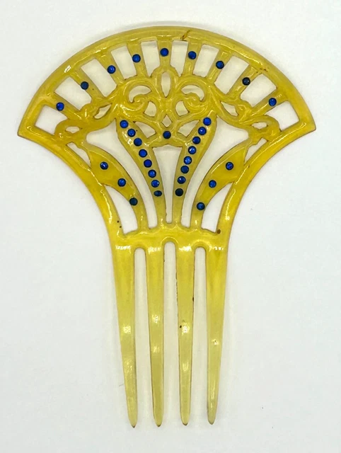 Vintage Art Deco 5" Yellow Fan Hair Comb With Blue Rhinestones