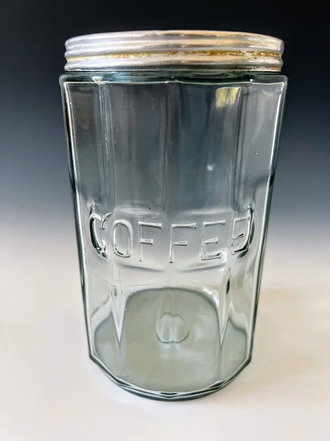 Vtg HOOSIER STYLE CABINET Clear Glass Coffee Jar Canister Paneled with Lid 7 1/4