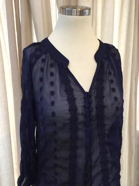 Olive and & Oak Navy Blue Embroidered Sheer Henley Blouse Top XS Excellent 2