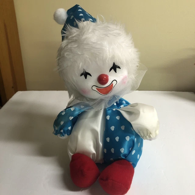Circus Clown Sitting Wind Up Musical Blue White Hearts