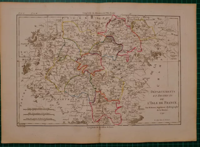 1790 Dated Rigobert Bonne Map ~ Departments And Districts Of Isle De France