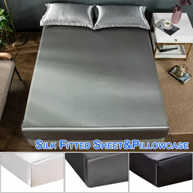 Extra Deep Full Silk Fitted Sheet Bed Sheets Pillowcase Full/Queen/King Size