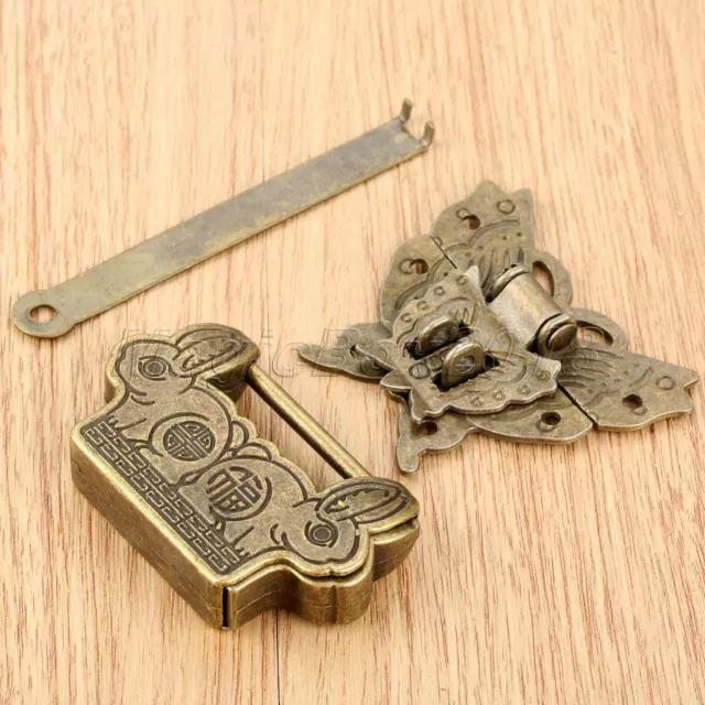 Retro Style Chinese Trunk Padlock Lock Key Toggle Butterfly Box Latch Clasp Set 2