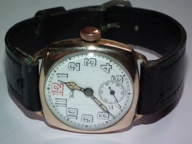 Reloj de pulsera Art Deco militar escaso de aspecto excelente Waltham 1913 10 quilates dorado/f
