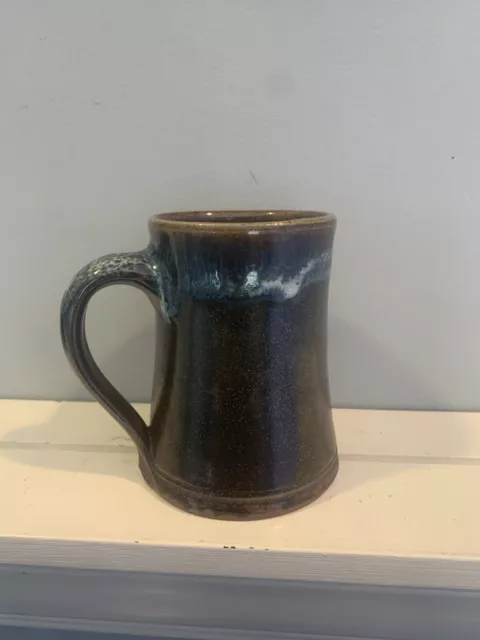 Stoneware Glazed Coffee Handmade? Pottery Blue Brown Tam Mug Great Collectible
