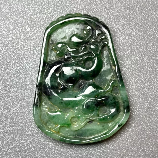 Antique Chinese Natural Dark Green Jadeite Jade Pendant carved ancient dragon