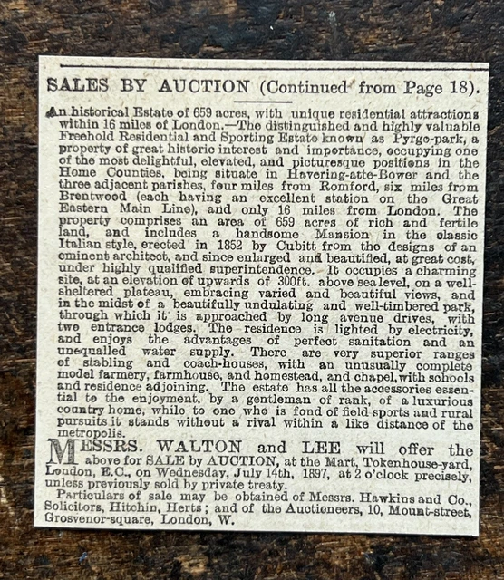 Pyrgo Park - Havering atte Bower - Essex - For Sale - 1897 Press Cutting r436