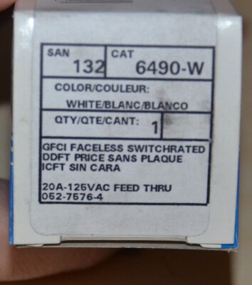 Leviton 6490-W GFCI Faceless Switch Rated Receptacle 20A 125VAC Feed Thru White