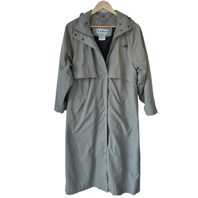 Vintage LL Bean Medium Petite Long Trench Duster Coat Wool Lined Classic Beige