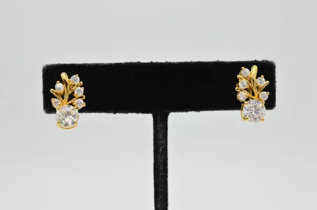 VINTAGE FLORAL CLIP Earrings Sparkling Rhinestone Crystal Gold 1980s 9E ...