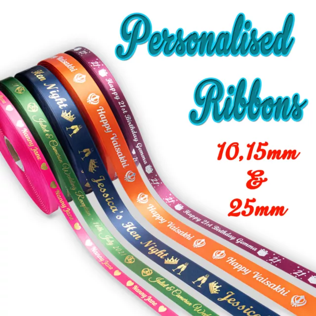 Personalisiertes bedrucktes Satinband - 10 mm 15 mm 25 mm - Hochzeiten Geburtstage Geschenke