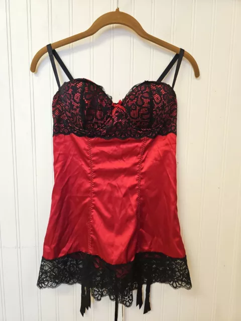 FREDERICKS OF HOLLYWOOD Corset Bustier Medium Satin Lace Red Black Y2K ...