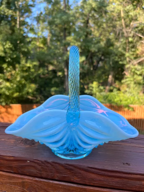 Vintage drapery style art glass opalescent light blue & white basket lovely OOAK
