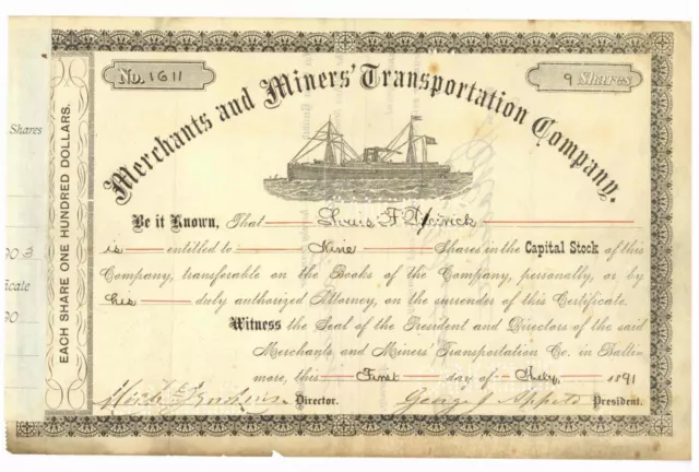 Merchants and Miners Transportation Company.  Stock Certificate. 1891