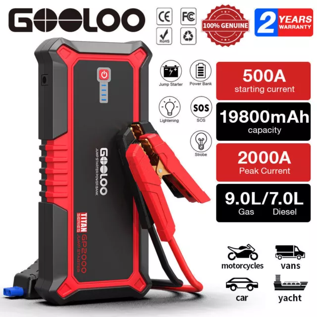 GOOLOO GE2000 2000A 18000mAh 12V Car Jump Starter,SuperSafe Portable Car  Battery Booster,Jumper Pack(up to 8.0L Gas and 6.0L Diesel) with Jumper  Cable and EVA …