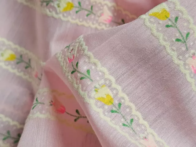 2 Yards Vintage Fabric Pink Flocked Flowers Semi Sheer Cotton 44" Wide Vintage