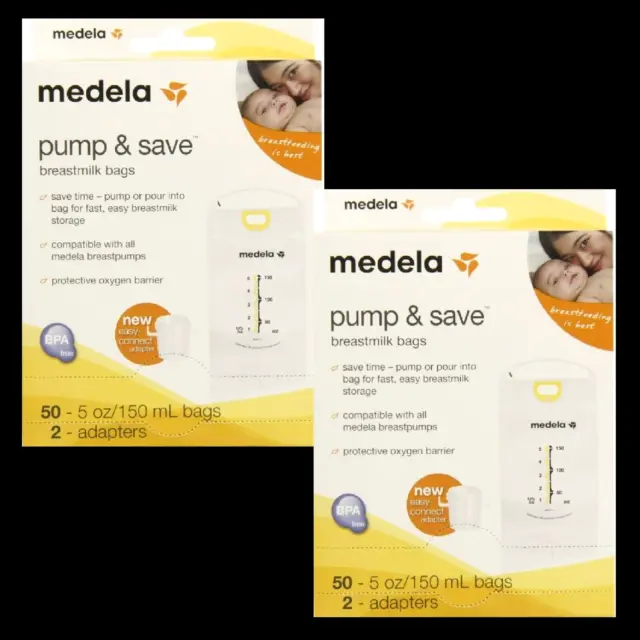 Medela Pump & Save Breastmilk Bags 2 NEW Boxes 100 Total - 5 oz & 2 Adapters