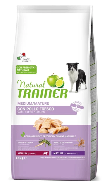 12 Kg Natural Trainer Cibo Secco Medium Maturity con pollo per Cane Croccantini