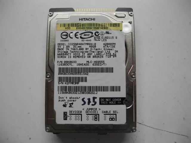 Hitachi 40gb IC25N040ATMR04-0 320 08K1794 01 HDD Hard Disk Drive 2,5 Ide Pata