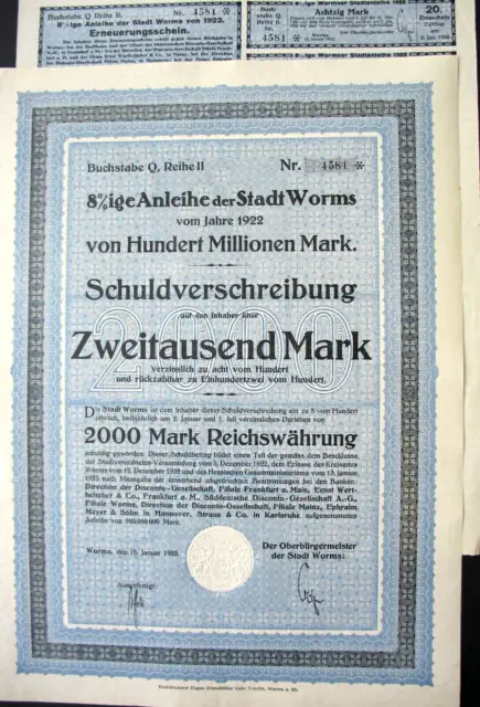 ungelocht Worms historische 2000 Mark 8 % Anleihe 1923 + Kupons Rheinland-Pfalz