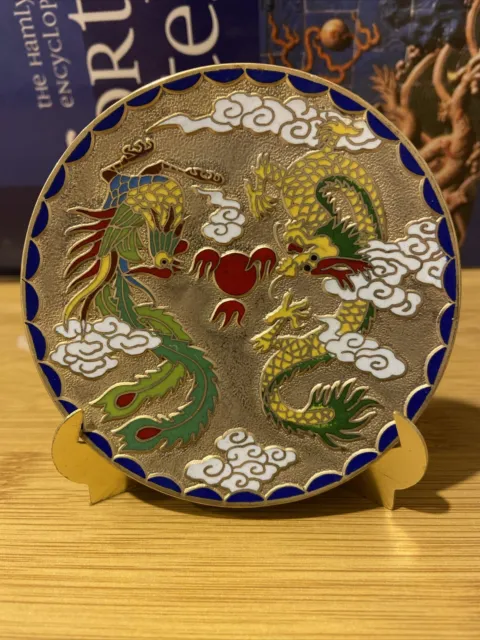 Vintage Chinese Enamel Cloisonné Dragon And Phoenix Plate