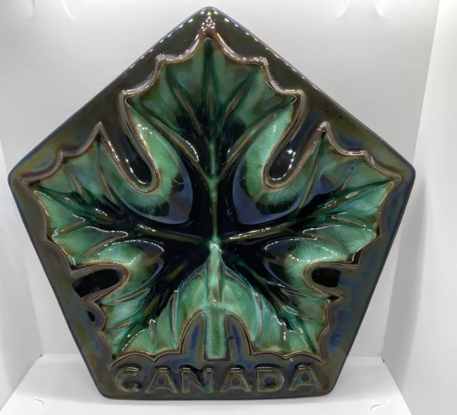 Blue Mountain Pottery Canada Maple Leaf Trinket Dish Green Drip Glaze Ashtray 9"