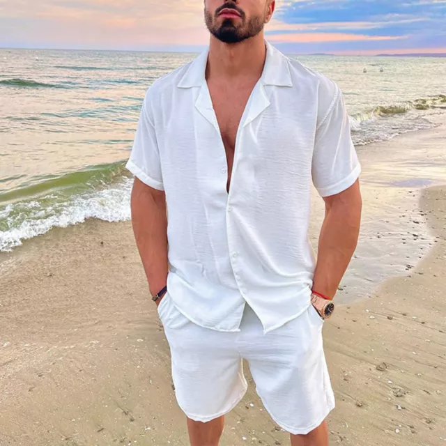 Men 2Piece Beach Short Sleeve Linen Shirts & Shorts Short Pants Set W/Pockets