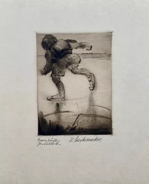 " Der Schlittschuhläufer " signierte Radierung von Konrad Schikander, um 1920