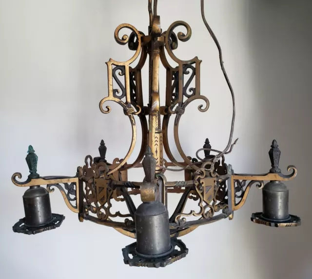 Ornate Antique Cast Iron Japanned Victorian Deco Nouveau Chandelier Vtg Fixture