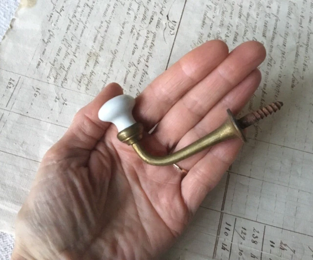 Set of 10 Large Antique French Brass & Porcelain Knob Coat Hooks 19th Century