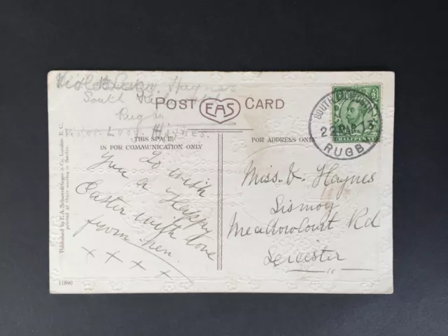 Gb 1913 Fine South Kilworth Rubber Postmark On Postcard To Leicester