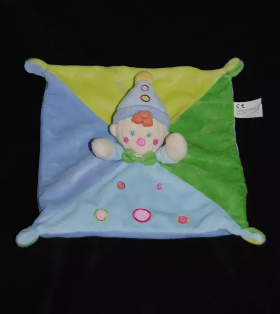 Doudou plat lutin clown bleu vert rond rose NICOTOY SIMBA KIABI 4 Nœuds TTBE