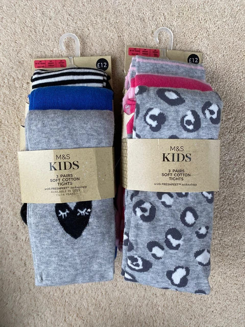 Lot of 6 Pairs of Girls Soft Cotton Tights - 2 Packs - New - Marks & Spencer M&S