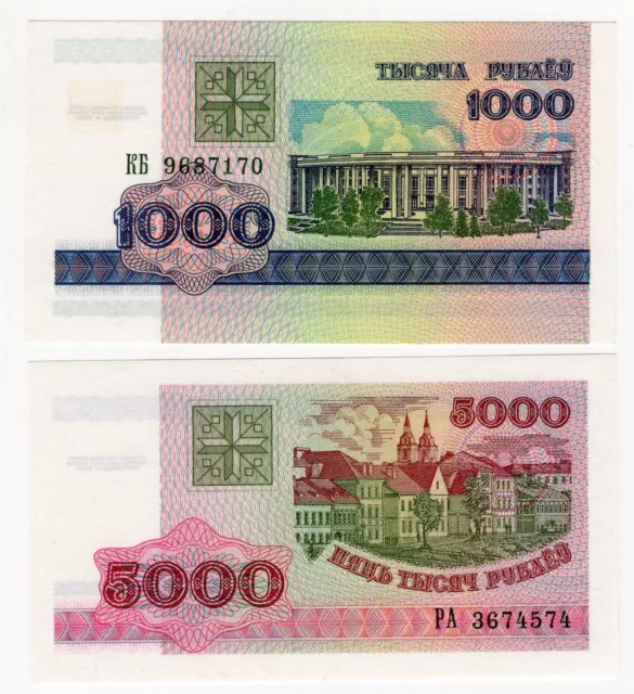 Lot Of 2 1998  Belarus 1000 & 5000 Roubles  World Banknote Nice Bills