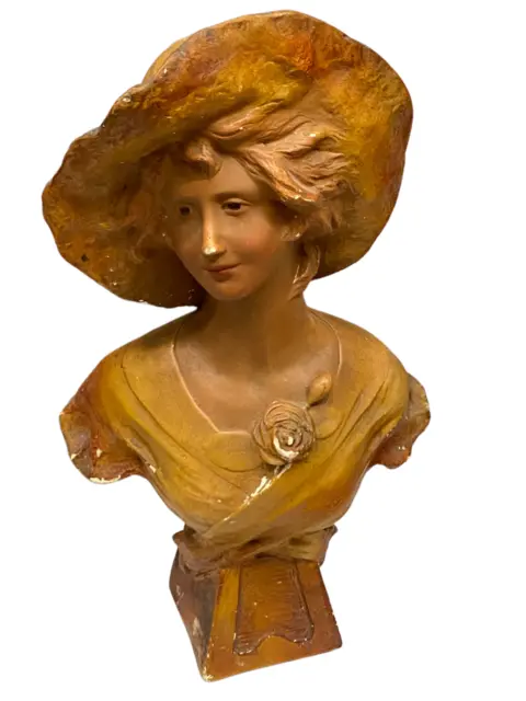 Ancienne Statue Buste De Femme Terre Cuite Platre Signée 1928 Pas Bronze Grès