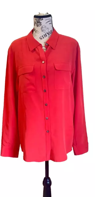 Two by Vince Camuto Md 100% Silk Red Blouse Shirt Long Sleeve Hi Low Hem 28”-30”