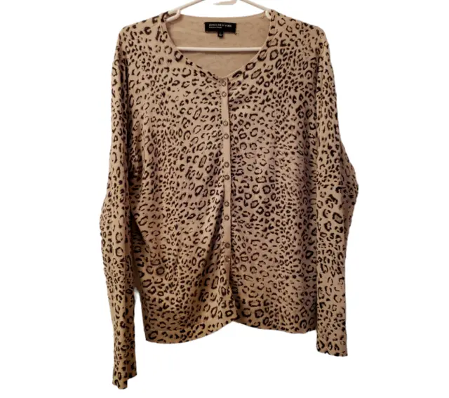 Jones New York Petite Womens Cardigan Leopard Brown Size L Sweater Classic Crew