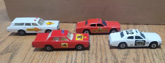 2  Matchbox And 2 Hot Wheels Diecast Fire And Police Cars. Vintage 1970s