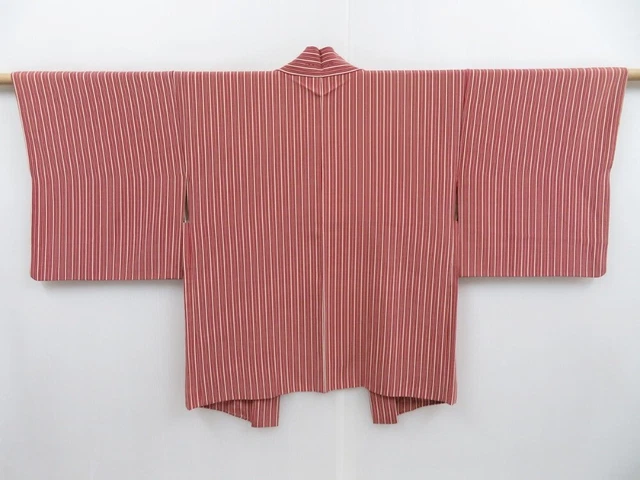 3510T08z610 Vintage Japanese Kimono Silk HAORI Stripe Red-Brown