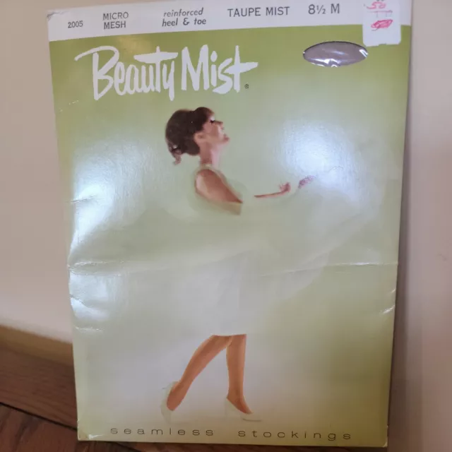 New Vtg Beauty Mist Seamless Stockings Taupe Mist 8 1/2 M Reinforced Heel & Toe