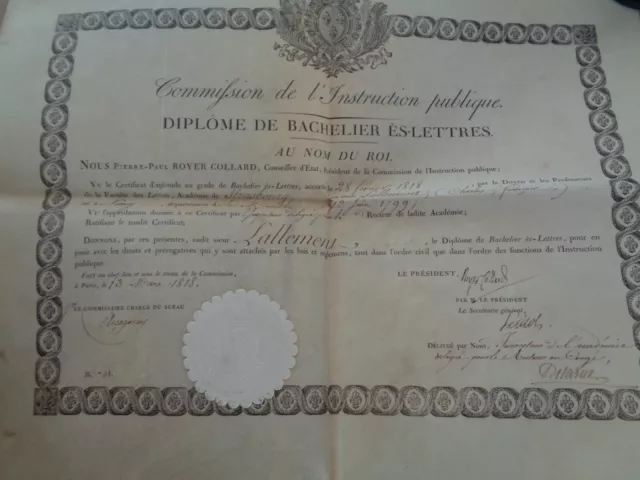 💥 1818 - Diplome Bachelier En Lettre -  Parchemin - Au Nom Du Roi