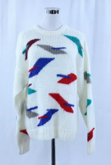 VTG Sir Beau Sweater 100% Acrylic Pullover Birds Multicolor Cream Crew Knit XL