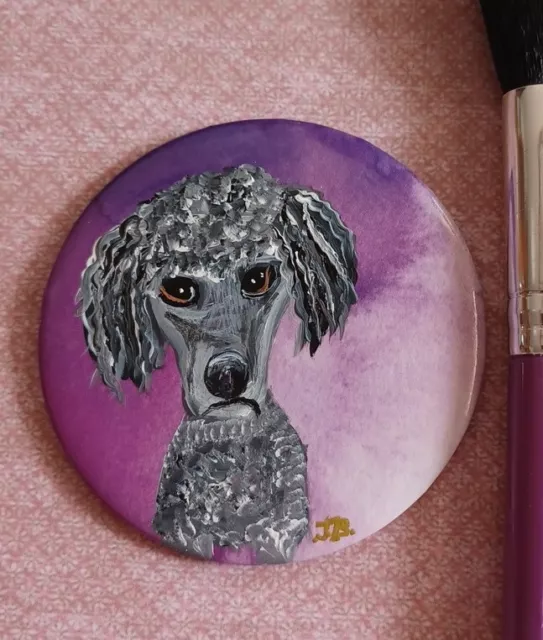 Grey  Poodle collectible  handpainted usable art mirror and makeup brush set